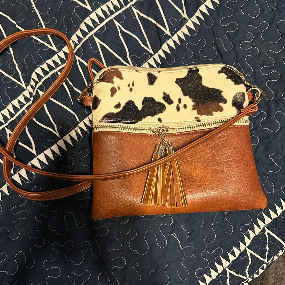 Brown and Cream Cowhide Crossbody Bag